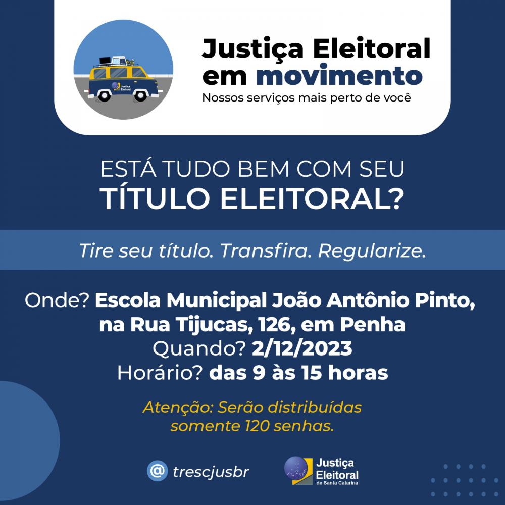 Serviços do Cartório Eleitoral estarão disponíveis para a população de Penha no sábado (02)