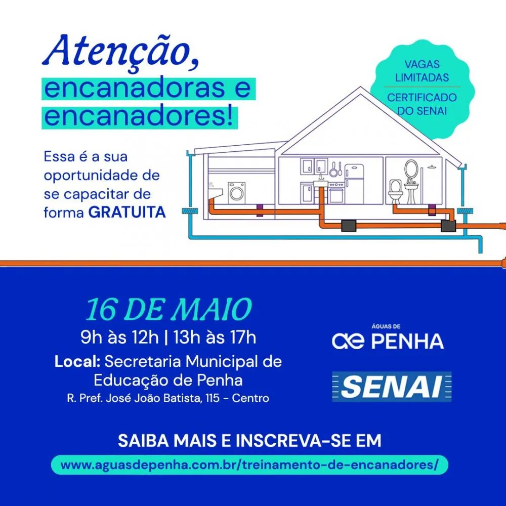 Águas de Penha e SENAI oferecem curso gratuito para capacitar profissionais a fazerem ligação de esgoto