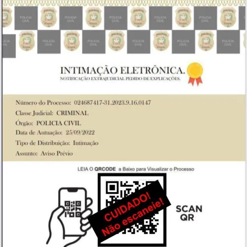 Em novo tipo de fraude golpistas estão enviando via intimação falsa da Polícia Civil em SC