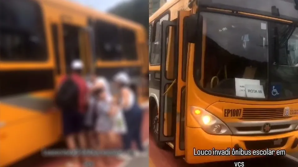 Surtado invade ônibus escolar, agride motorista e gera confusão com crianças em Balneário Camboriú.