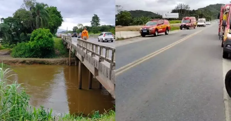 Motorista bate em mureta de ponte e carro cai em rio de Araquari