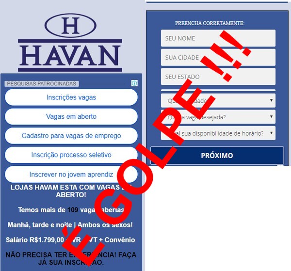 Anúncio de vaga de emprego na Havan pelo facebook é golpe