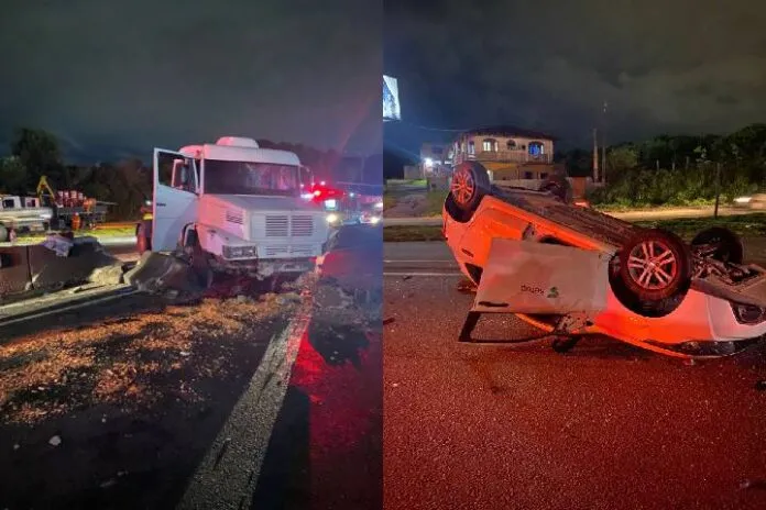 Dois motoristas ficam presos às ferragens em acidente na BR-101 em Balneário Piçarras