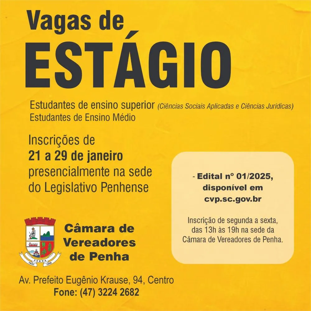 Câmara de Vereadores de Penha abre processo seletivo para estágio