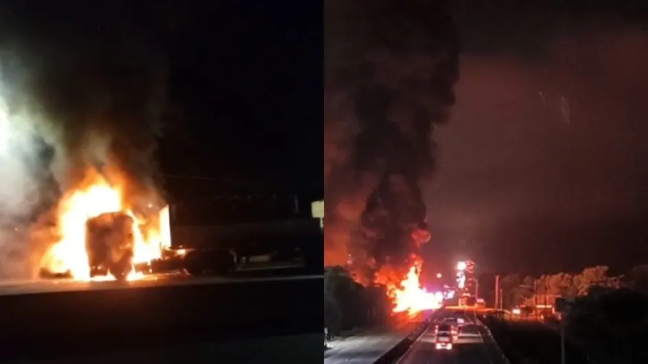 Carreta carregada com resina pega fogo na BR-101 em Garuva
