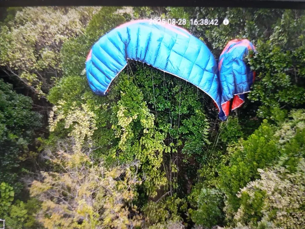 Parapente cai no Morro do Ouro e piloto fica preso em árvores em Penha
