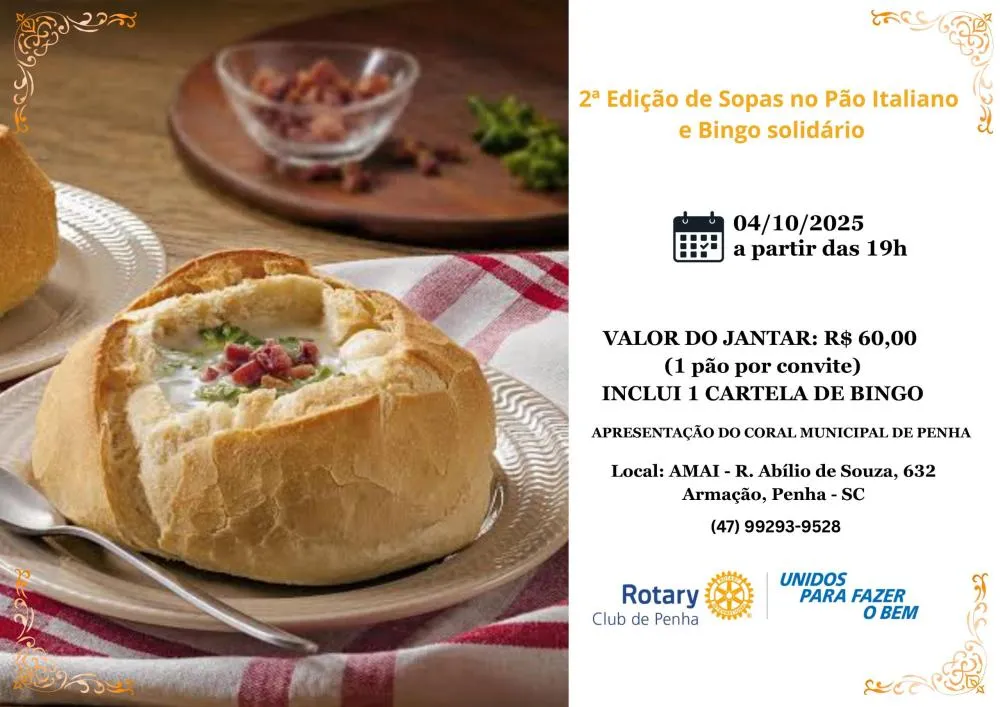 Rotary Club de Penha promove 2º Jantar Beneficente de Sopas no Pão Italiano com Bingo Solidário