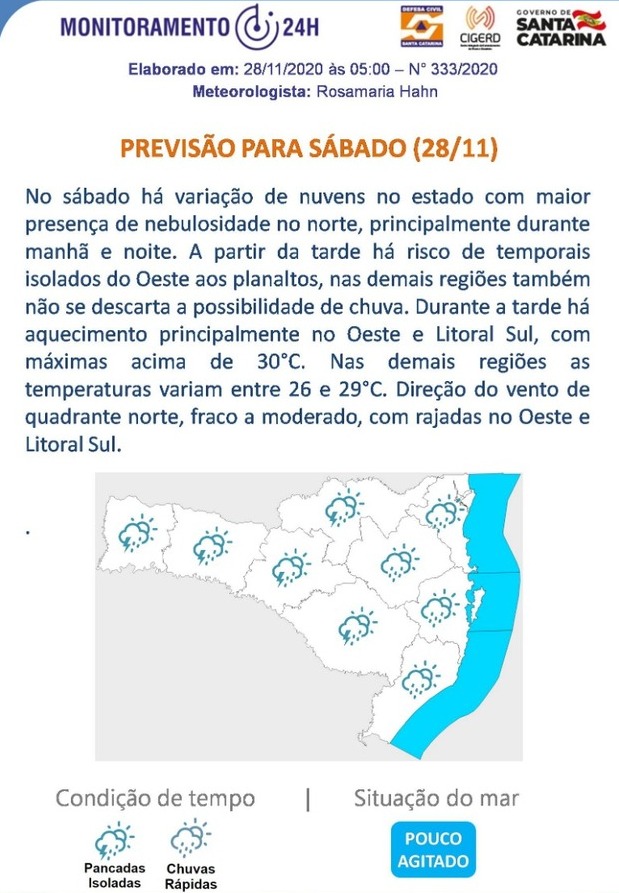 Previsão do Tempo para 28.11 - (Sábado)