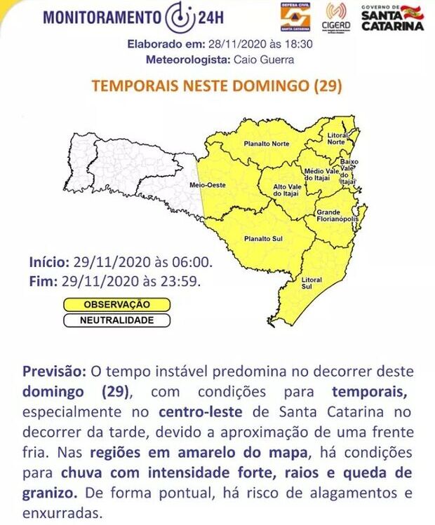 Previsão do tempo para 29.11 (Domingo)