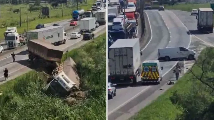 Carreta bitrem colide com furgão, atravessa pista e trava BR-101 em Penha