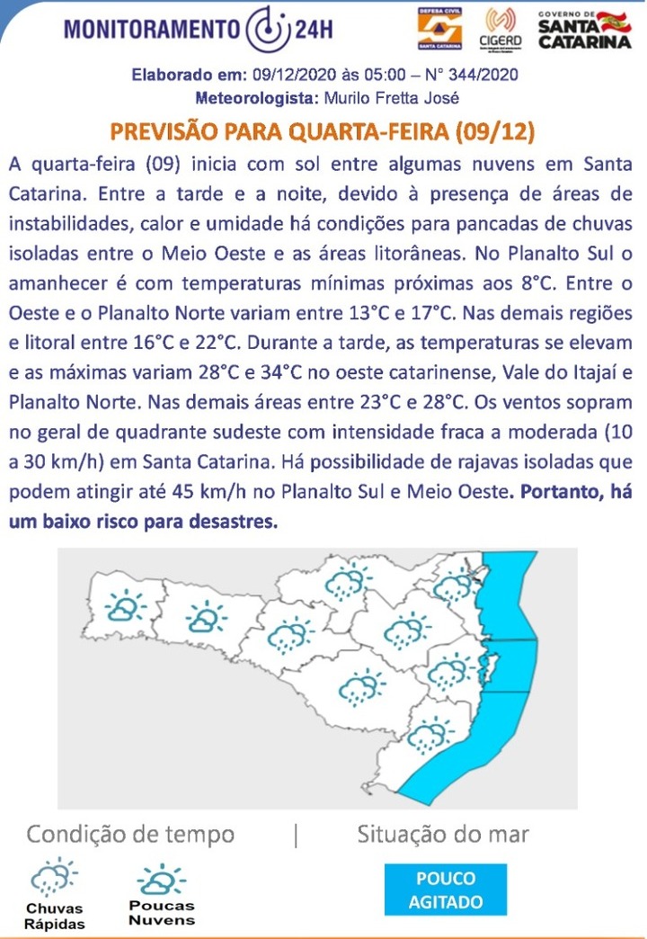 Previsão do tempo para 09.12 (Quarta-feira)