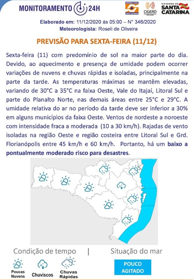 Previsão do tempo para 11.12 (Sexta-feira)