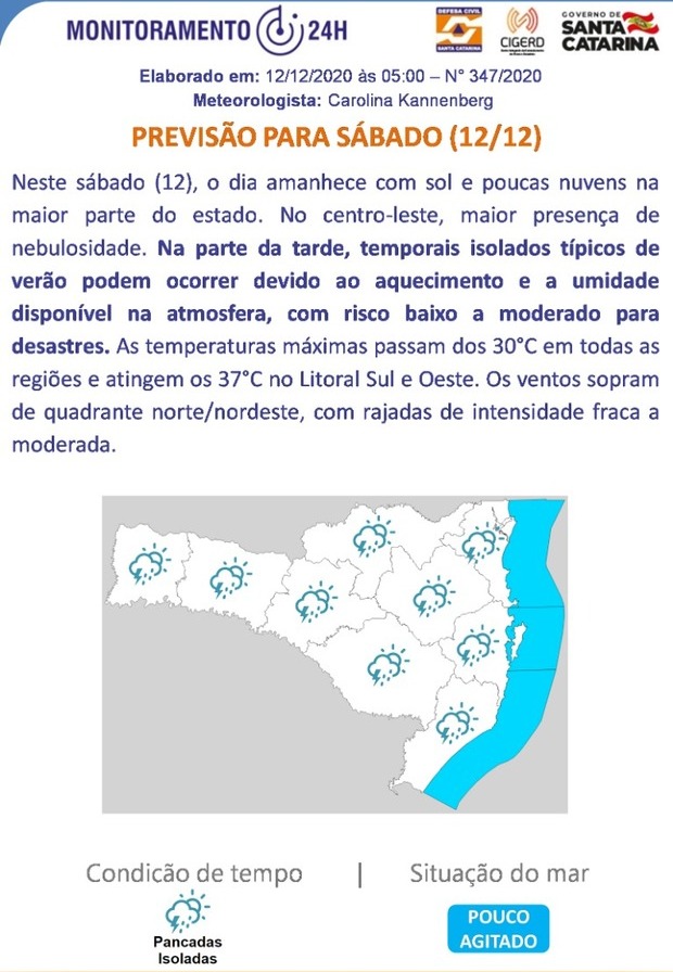 Previsão do tempo para 12.12 (Sábado)