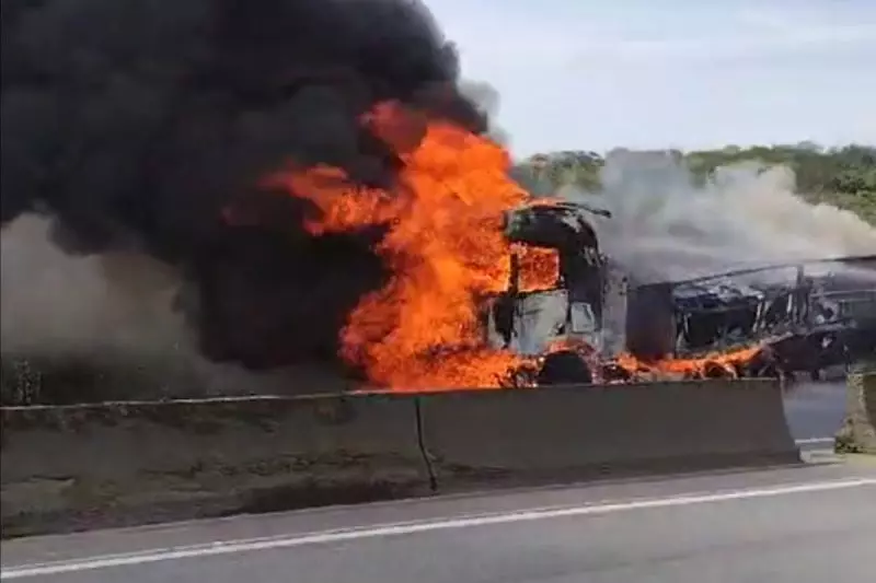 Caminhão pega fogo e bloqueia a BR-101 em Joinville