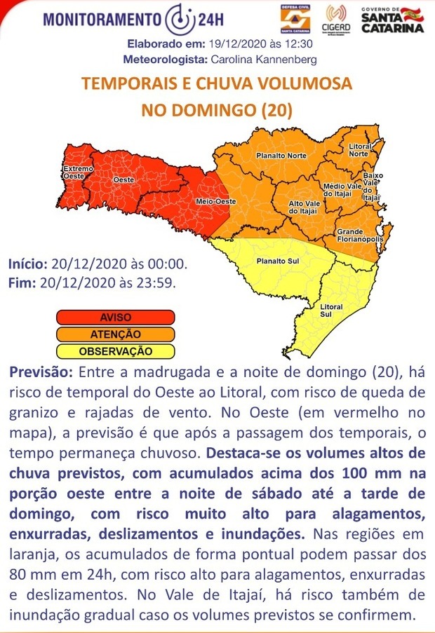 Aviso: Defesa Civil alerta para temporais e chuva volumosa amanhã em SC