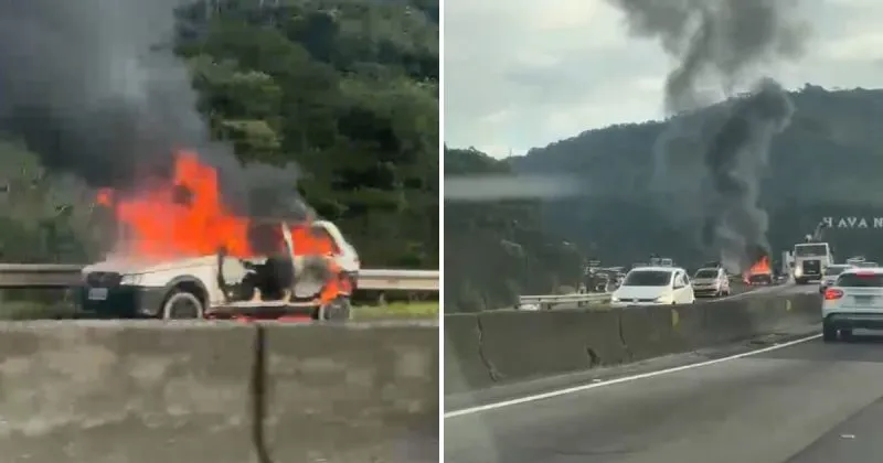 Fiat Uno pega fogo e causa 4 km de congestionamento na BR-101 em Itajaí 