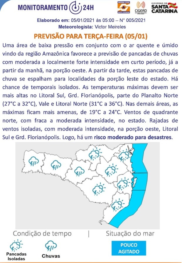 Previsão do tempo para 05.01 (Terça-feira)