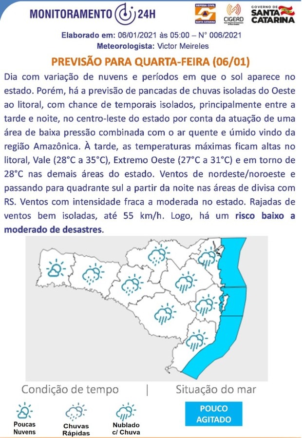 Previsão do Tempo para 06.01 (Quarta-feira)