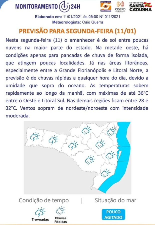 Previsão do Tempo para 11.01 (Segunda-feira)