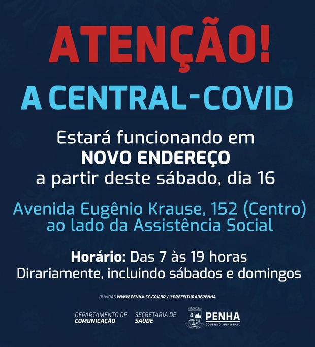 Na Eugênio Krause: Central-Covid de Penha muda de endereço a partir de amanhã