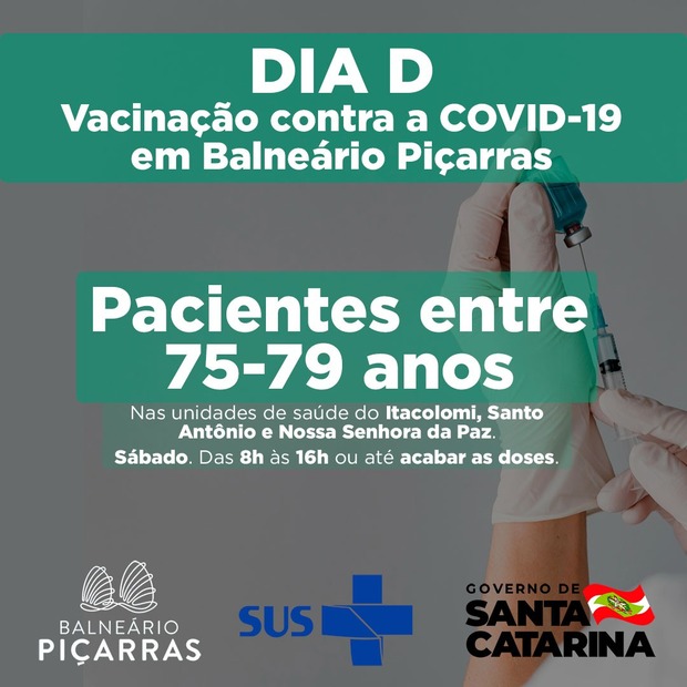 Balneário Piçarras promove neste sábado vacinação contra a Covid para idosos de 75 a 79 anos