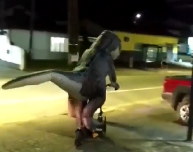Eles estão voltando: Dinossauro de patinete volta a passear pelas rua de Joinville