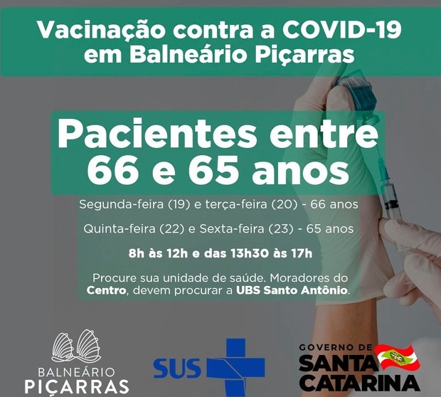 Boletim Coronavírus: Balneário Piçarras inicia hoje vacinação para pessoas com 65 e 66 anos