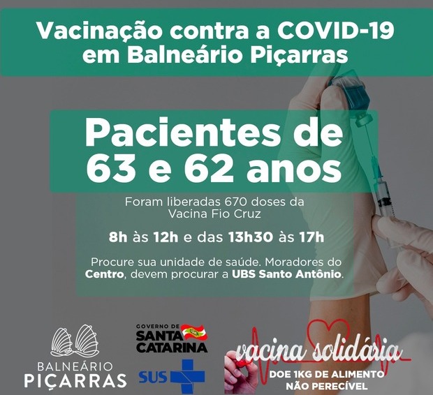 Boletim Coronavírus: Balneário Piçarras inicia vacinação de pessoas entre 62 e 63 anos