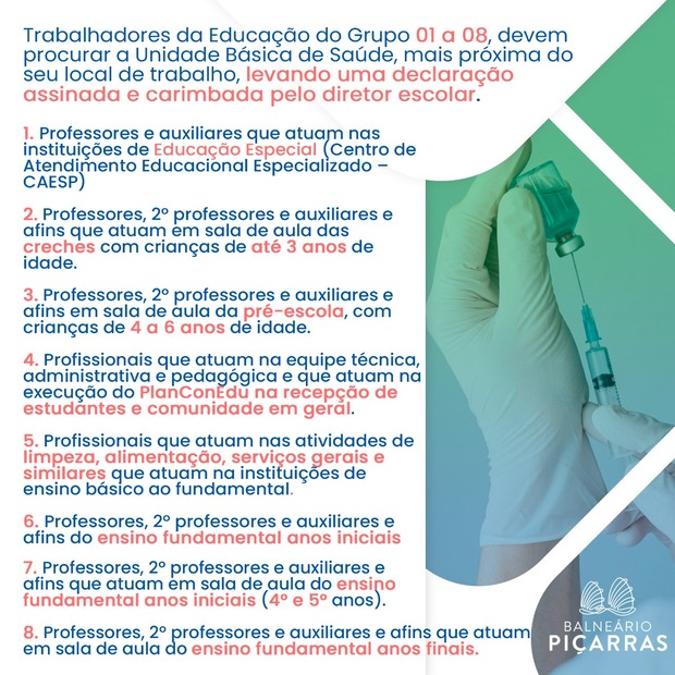 Boletim Coronavírus: Vacinação contra Covid para professores começa nesta segunda-feira em Balneário Piçarras