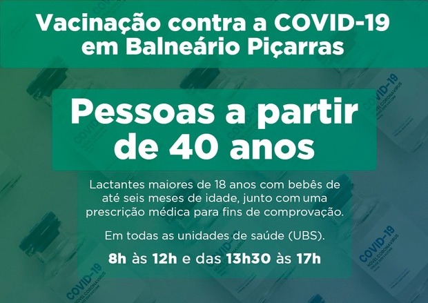Boletim Coronavírus: Balneário Piçarras inicia vacinação de pessoas a partir de 40 anos sem comorbidades