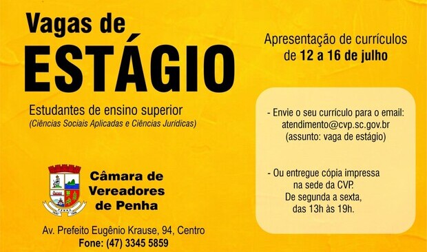 Oportunidade de emprego: Câmara de Vereadores de Penha abre vagas de estágio