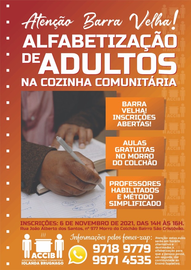 Aulas gratuitas: Cozinha Comunitária abre inscrições para alfabetização de adultos em Barra Velha