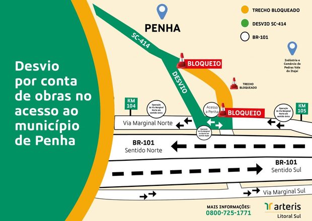 Na BR-101: Obras no sistema de drenagem geram restrição no acesso à Penha pela SC-414
