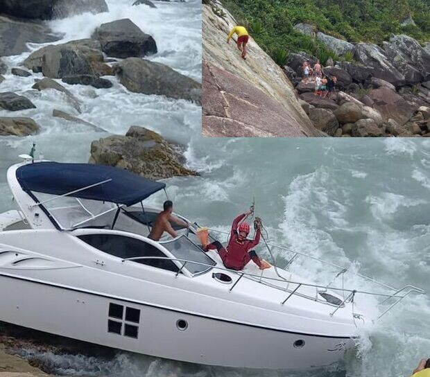 Resgate: Dez pessoas são resgatadas após lancha bater no costão da praia do Estaleirinho, em Balneário Camboriú
