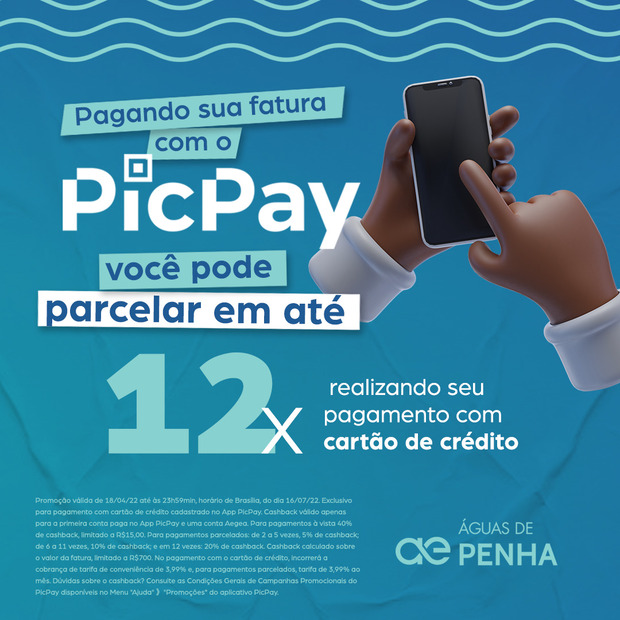 Parceria entre Águas de Penha e PicPay segue oferecendo dinheiro de volta no pagamento das faturas