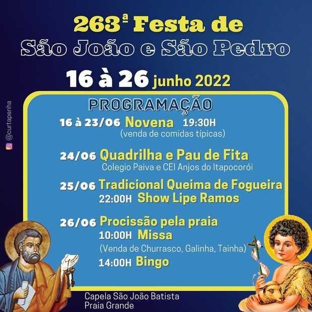 Penha – Novenas da 263ª Festa de São João e São Pedro na praia Grande, em Armação, começam na quinta-feira (16)