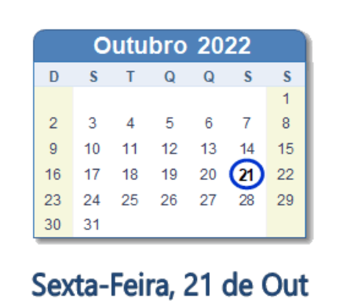 Dia 21 de outubro de 2022