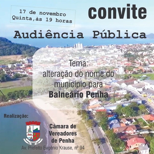 Penha - Audiência pública para mudança do nome do município acontece hoje na Câmara de Vereadores