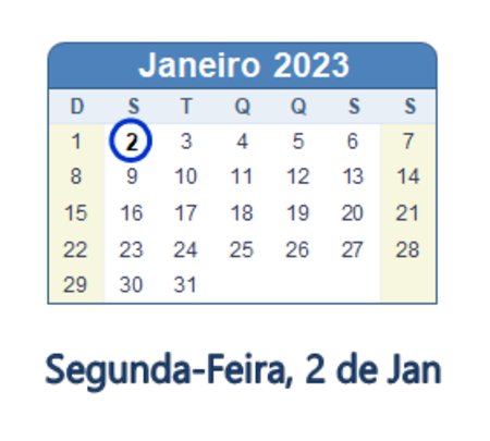 Dia 2 de janeiro de 2023