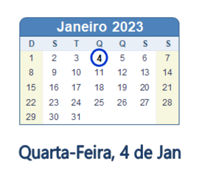 Dia 4 de janeiro de 2023