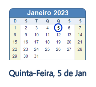 Dia 5 de janeiro de 2023
