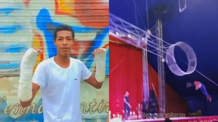 Susto - Jovem trapezista sobrevive a queda em número de pêndulo espacial em Gaspar