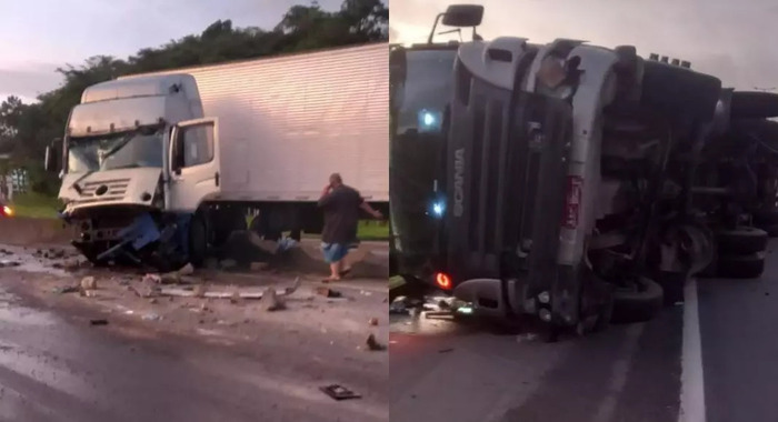 Joinville - Colisão entre carretas no km 41 causa congestionamento na BR-101