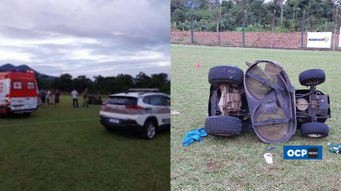 Jaraguá do Sul - Crianças são atropeladas em campo de futebol por carinho de cortar grama