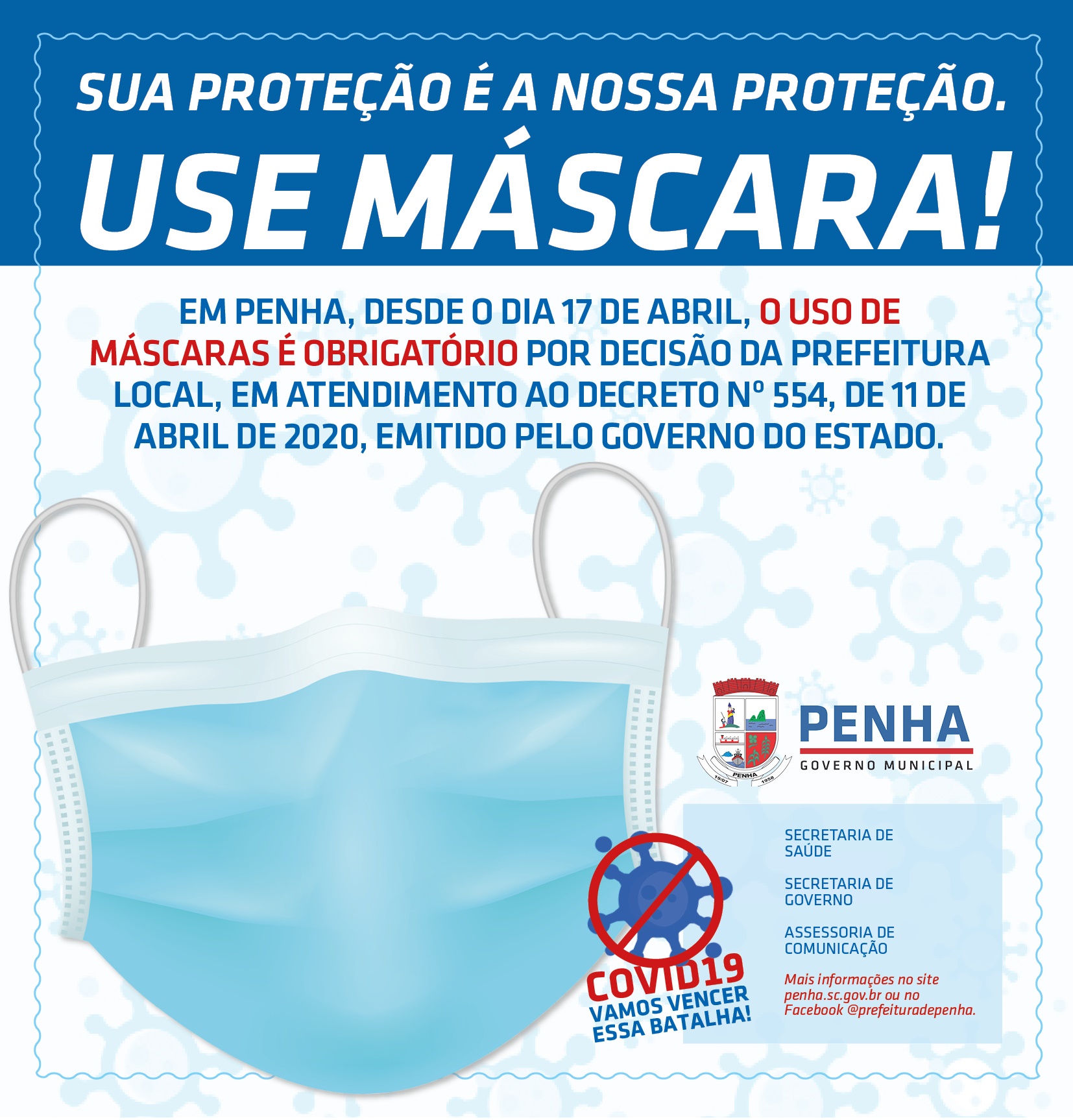 Coronavírus: Penha decreta uso obrigatório de máscara no combate ao vírus do Covid-19