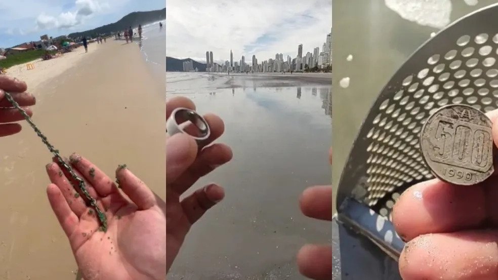 Jovem de Balneário Camboriú que utiliza detector de metais para achar 'ouro' em praias, já faturou R$ 3 mil